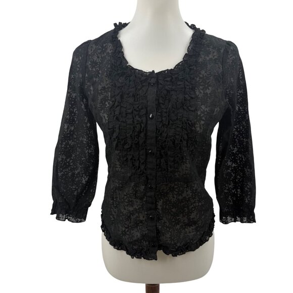 Tribeca Black Sheer Floral Ruffle Button-Up Blouse 3/4 Sleeve Womens S - Picture 1 of 11